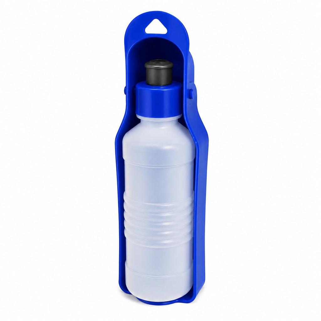 Tap2Own blue portable pet water bottle with built-in trough for easy on-the-go hydration.
