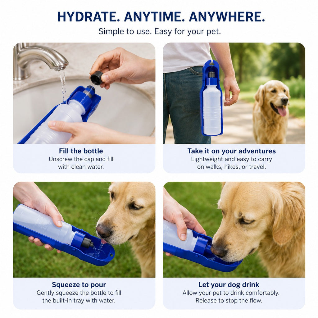Tap2Own blue portable pet water bottle with built-in trough for easy drinking on the go.