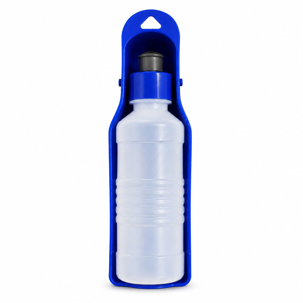 Tap2Own blue portable pet water bottle, 250ml, with built-in trough for easy on-the-go hydration.