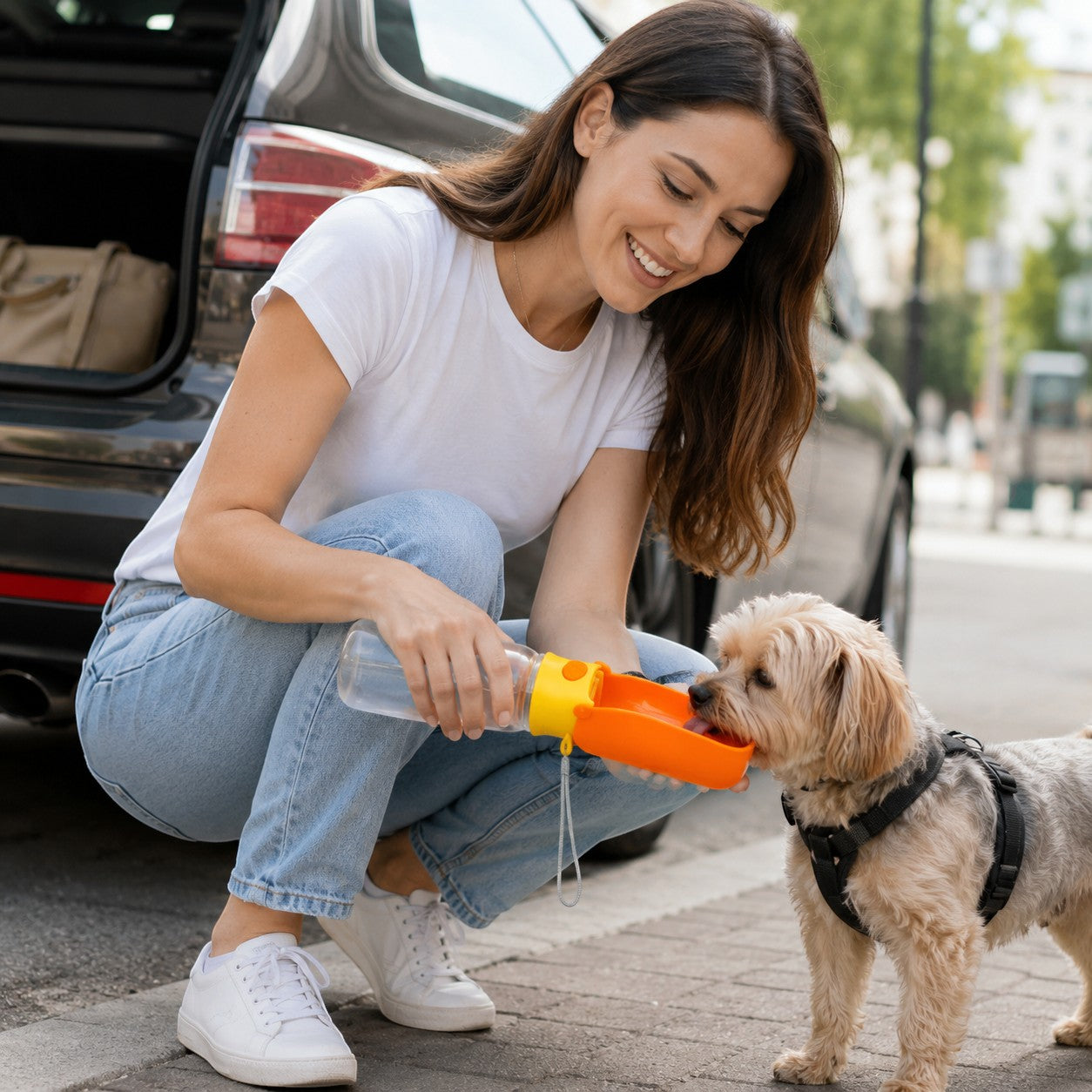 Tap2Own Portable Pet Water Bottle with orange trough, used by a woman to give water to her dog.