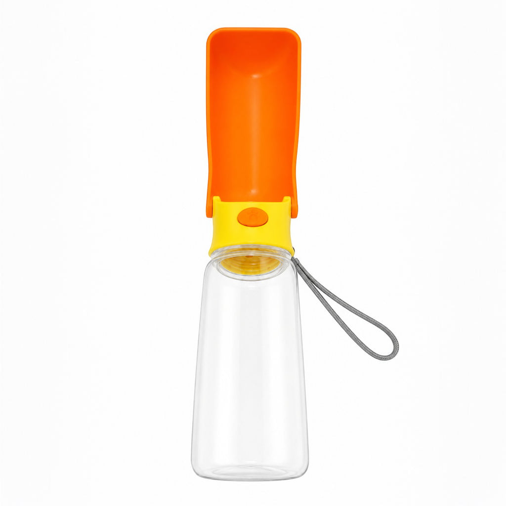 Tap2Own Portable Pet Water Bottle with orange trough and yellow button, clear plastic bottle, and grey lanyard.