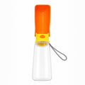 Tap2Own Portable Pet Water Bottle with orange trough and yellow button, clear plastic bottle, and grey lanyard.