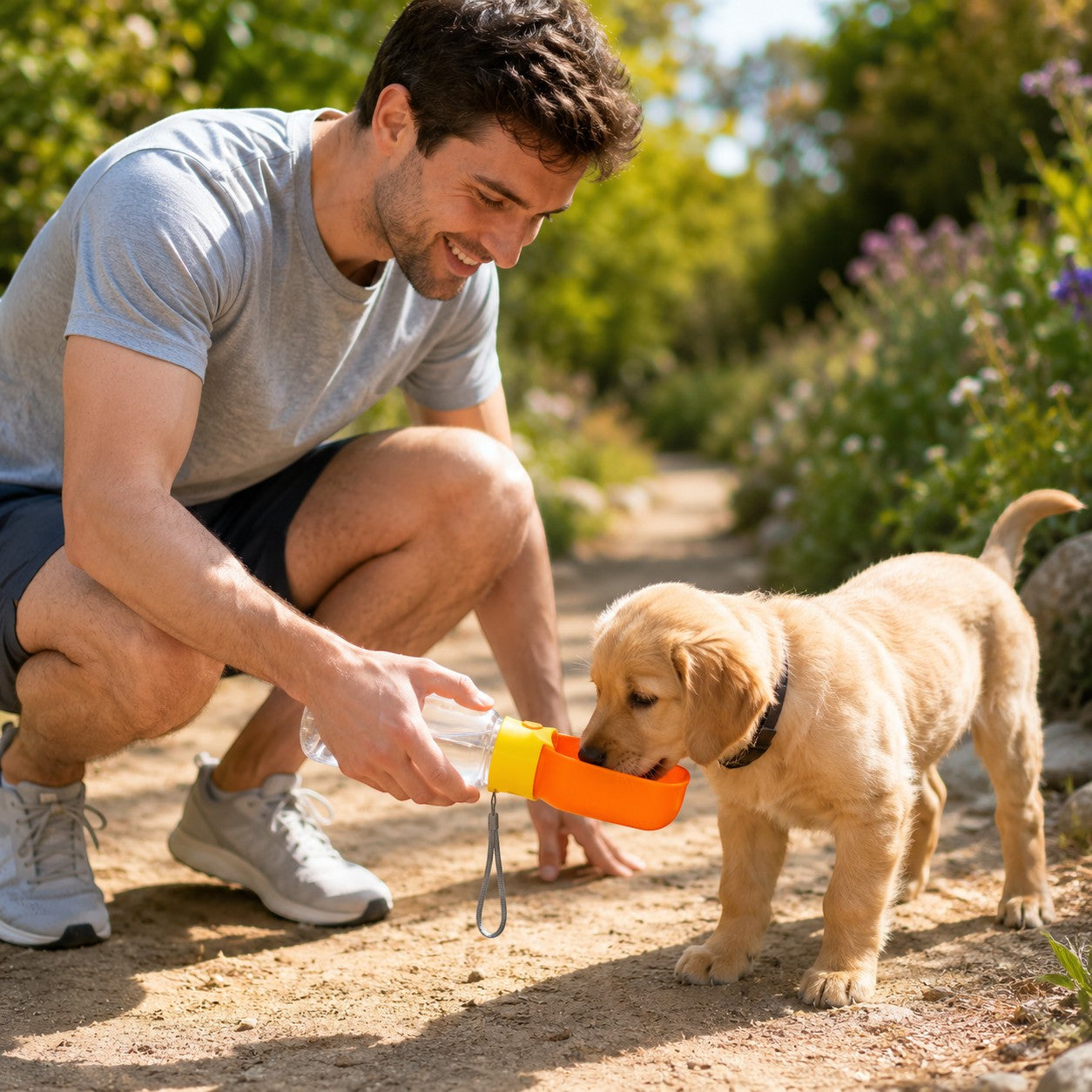 Tap2Own Portable Pet Water Bottle with orange trough, clear bottle, and yellow accents, used by a man for a golden retriever puppy on a trail.