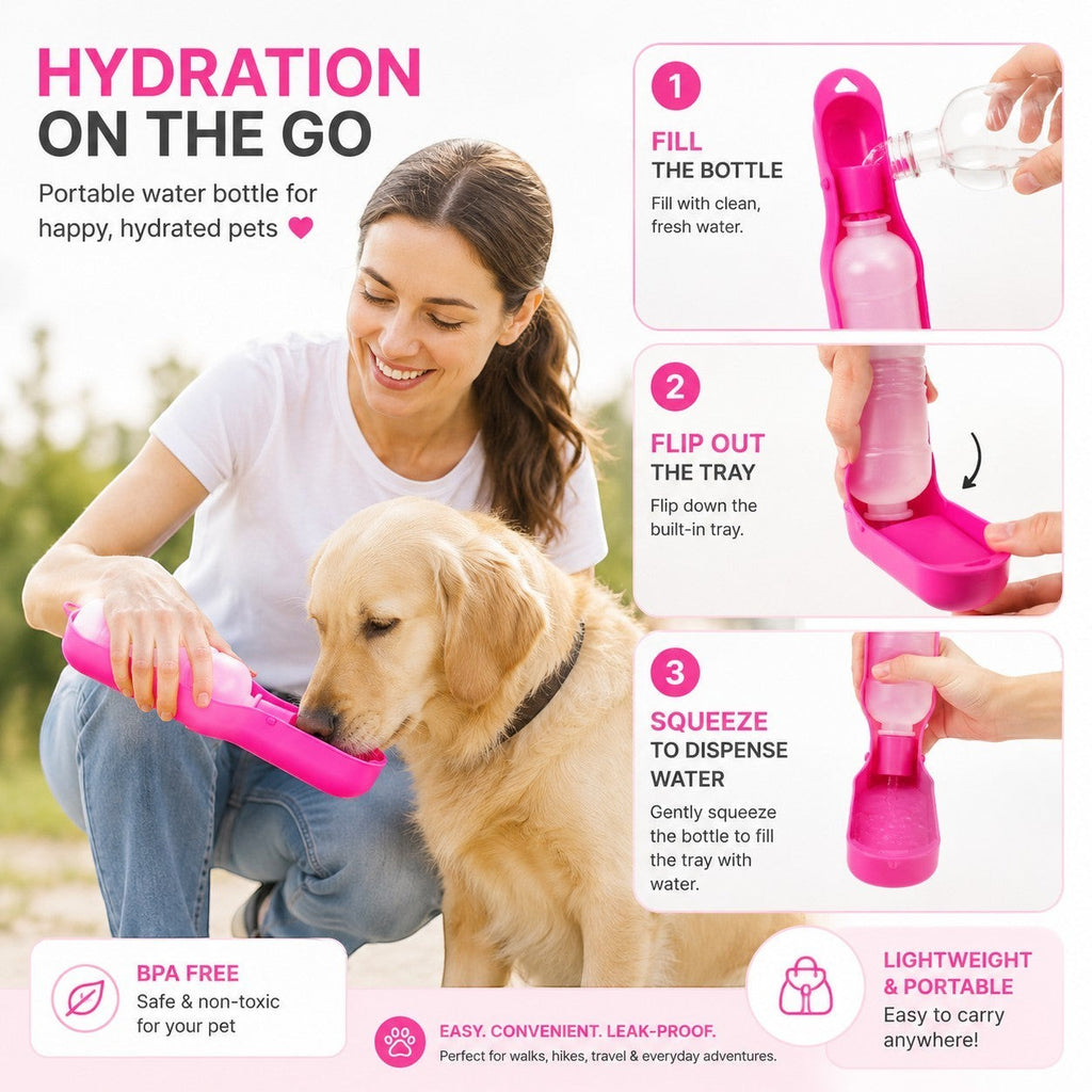 Tap2Own pink portable pet water bottle with built-in tray for outdoor adventures. BPA-free.
