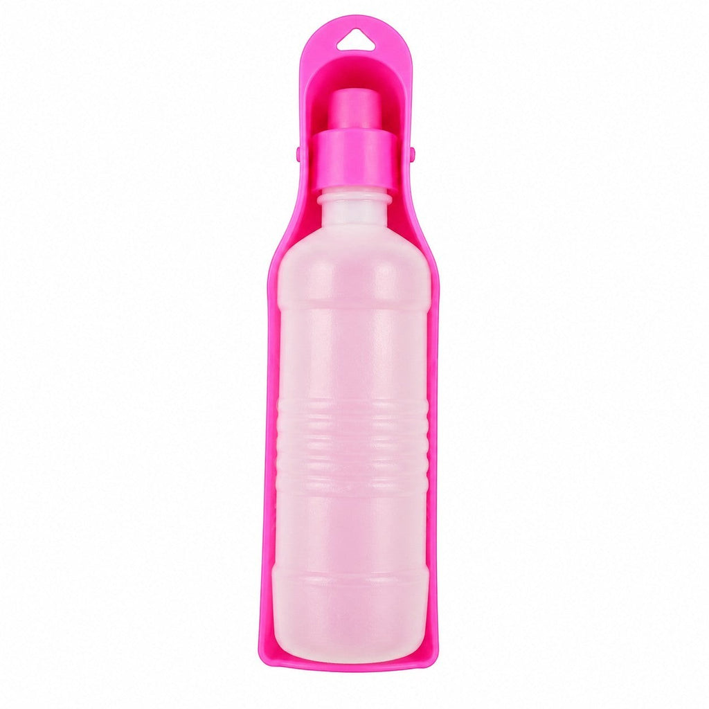 Tap2Own pink portable pet water bottle with built-in drinking tray, 500ml capacity, BPA-free plastic.