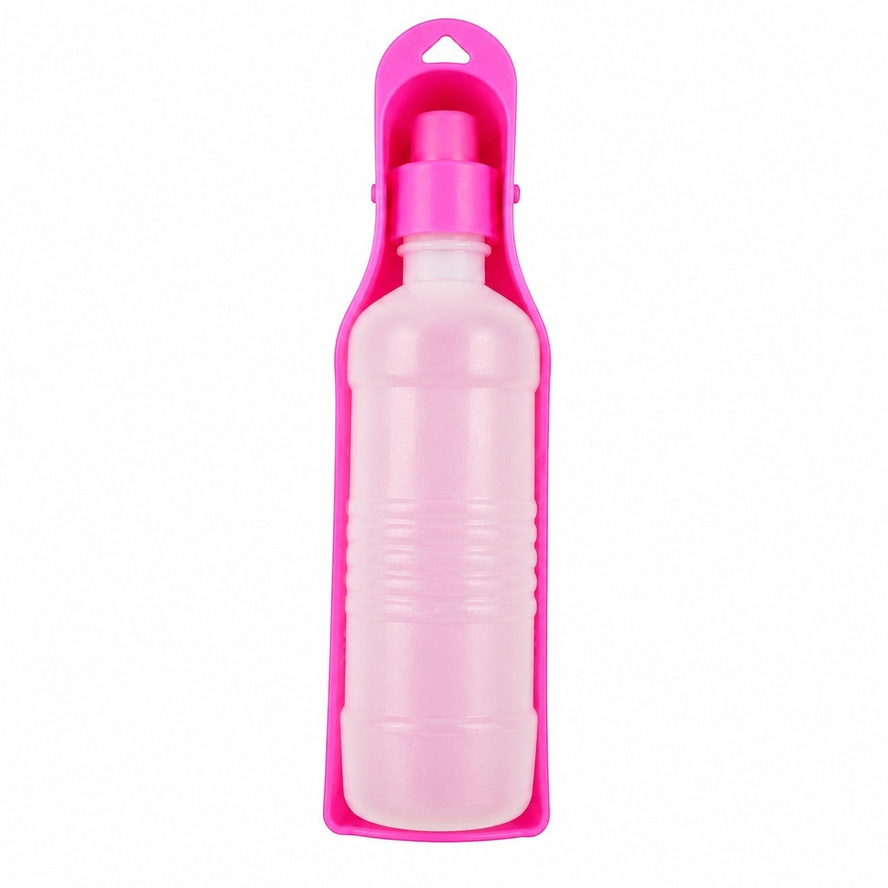 Tap2Own pink portable pet water bottle with built-in drinking tray, 500ml capacity, BPA-free plastic.