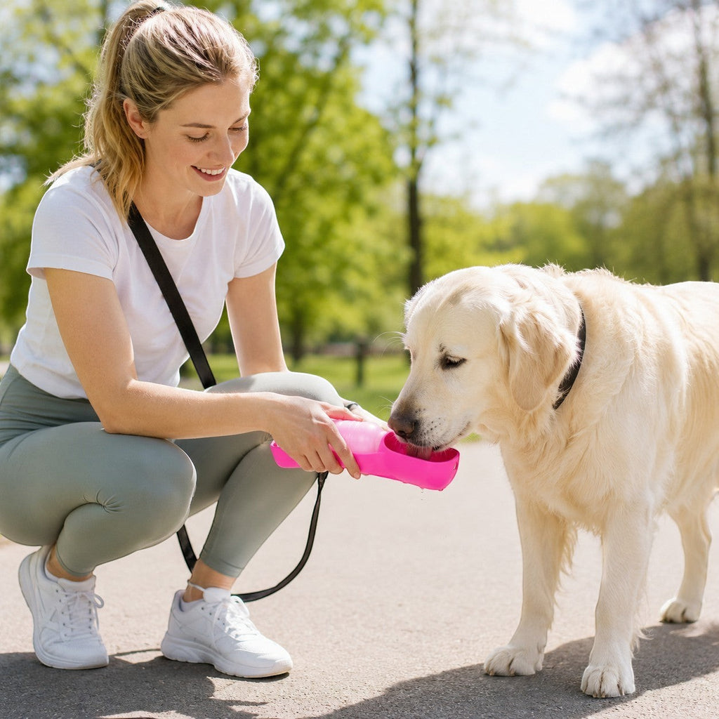 Tap2Own pink portable pet water bottle with built-in tray, 500ml, BPA-free, for outdoor adventures.