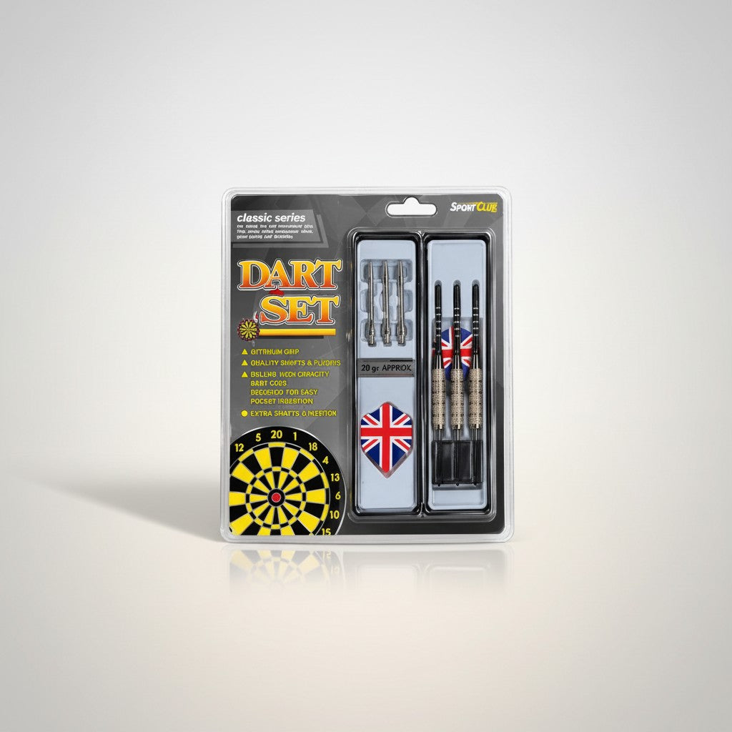 Tap2Own professional dart set with 20g darts, featuring optimum grip, quality shafts, and flights. Includes a deluxe carrying case and Union Jack accents.