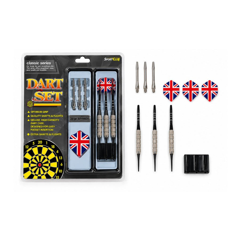 Tap2Own professional dart set with Union Jack flights, silver and black darts, and carrying case. Includes extra shafts and flights.