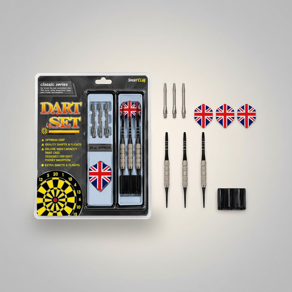 Tap2Own professional dart set with 3 darts, Union Jack flights, extra shafts, and a carrying case. Designed for optimum grip and accuracy.