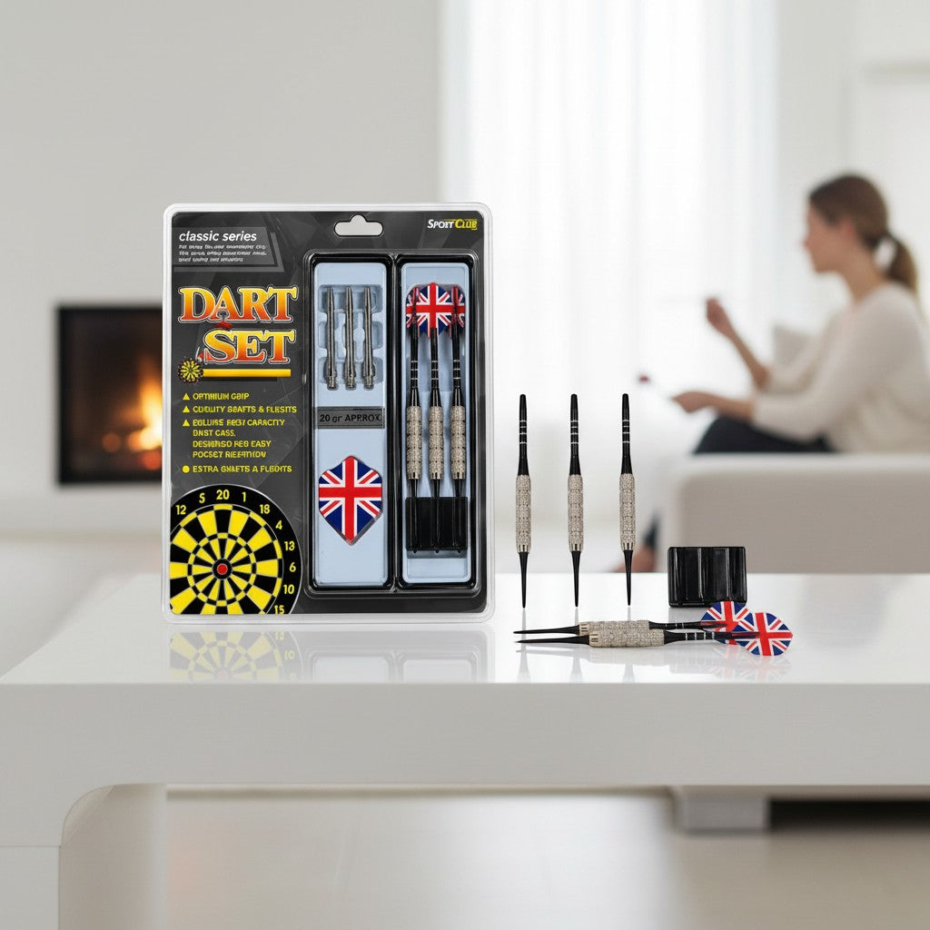 Tap2Own professional dart set with Union Jack flights and optimum grip, includes carrying case and extra flights.
