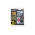 Tap2Own professional dart set with silver barrels, black shafts, and Union Jack flights, includes case and extra parts.