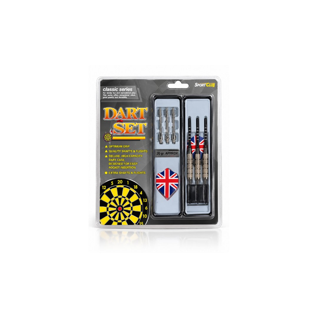 Tap2Own professional dart set with silver barrels, black shafts, and Union Jack flights, includes case and extra parts.