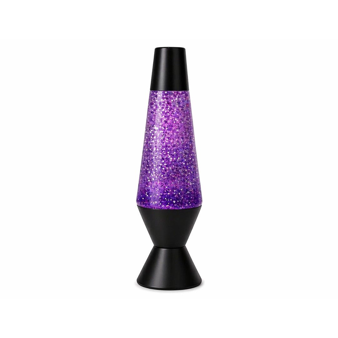 Tap2Own classic purple glitter lava lamp with black base and cap, featuring mesmerizing motion.