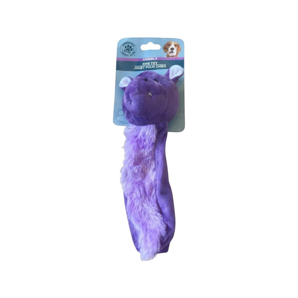 Tap2Own purple plush dog toy shaped like a creature with fluffy tail for gentle play