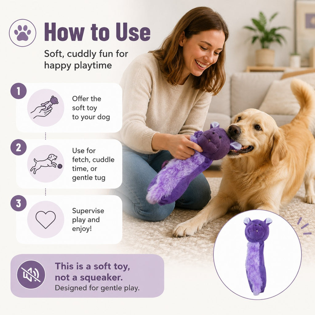 Tap2Own purple plush dog toy shaped like a creature, designed for gentle play and cuddling.