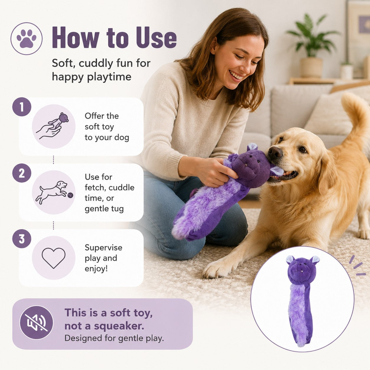 Tap2Own purple plush dog toy shaped like a creature, designed for gentle play and cuddling.