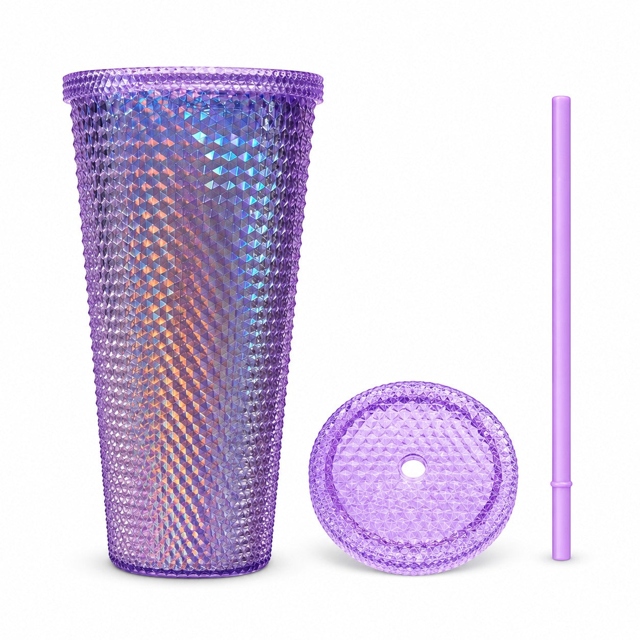 Tap2Own iridescent purple studded tumbler with straw and lid. Durable BPA-free plastic with diamond-cut texture.