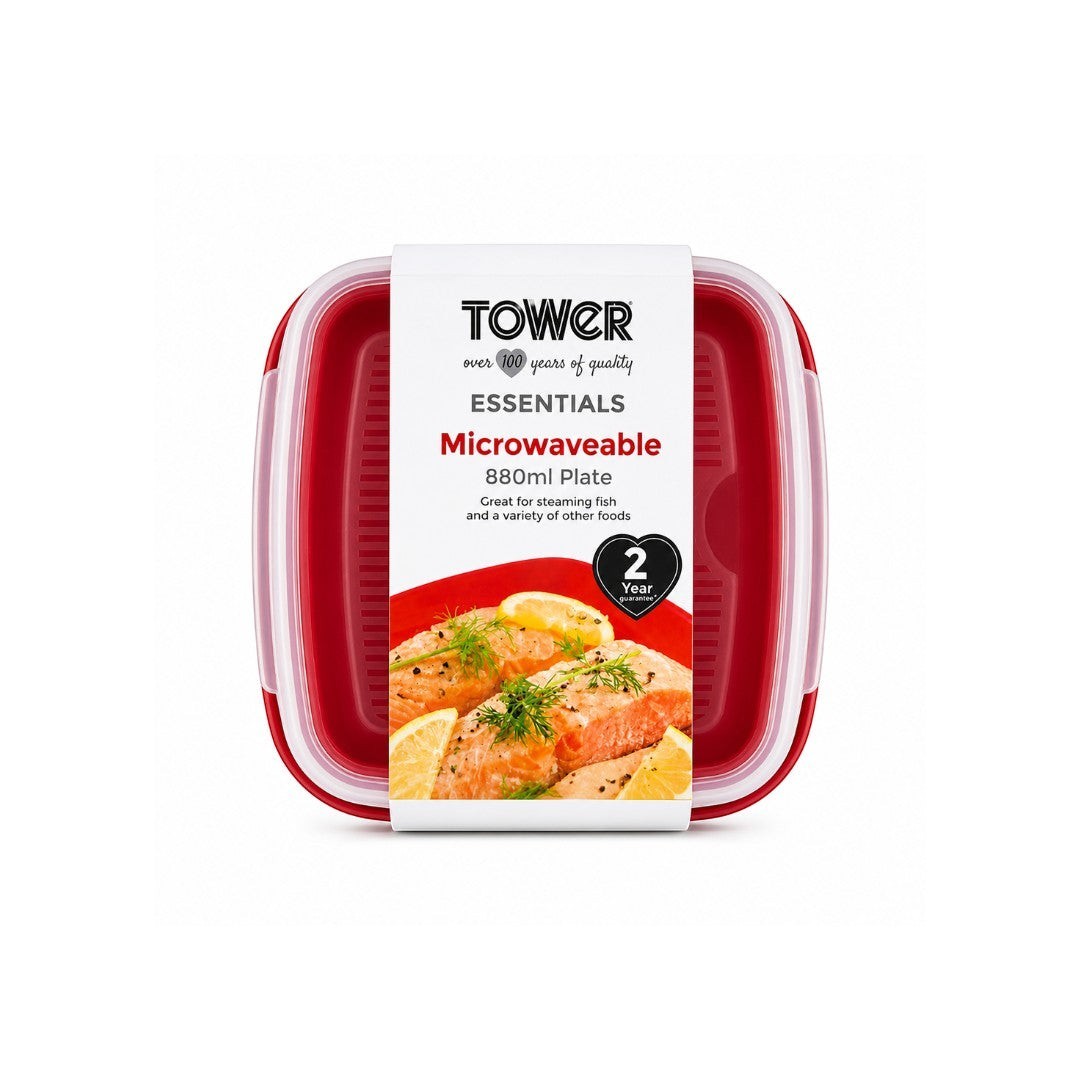 Tap2Own red microwaveable steamer container with lid, 880ml plate, BPA-free, dishwasher safe for steaming fish and vegetables.