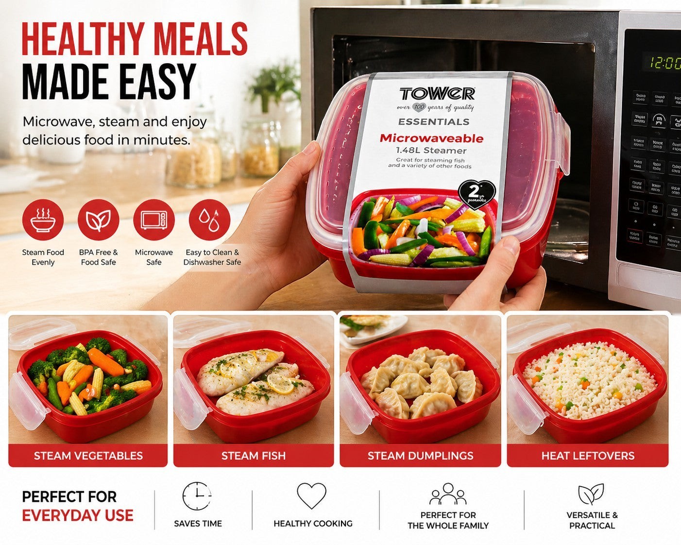Tap2Own red BPA-free microwaveable steamer container with lid, 1.48L capacity, shown steaming vegetables.