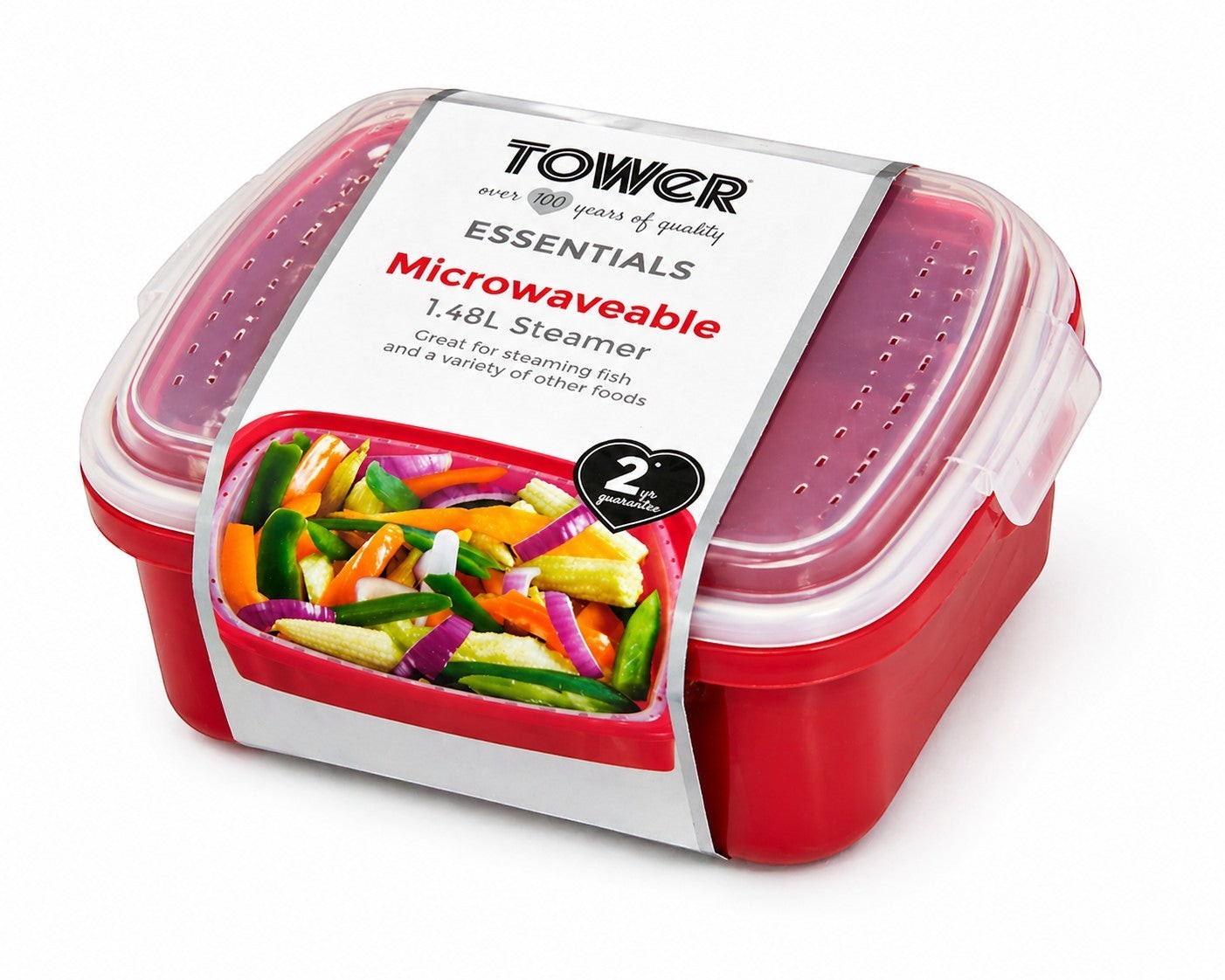 Tap2Own red BPA-free microwaveable steamer container with lid, 1.48L capacity, ideal for steaming vegetables and fish.