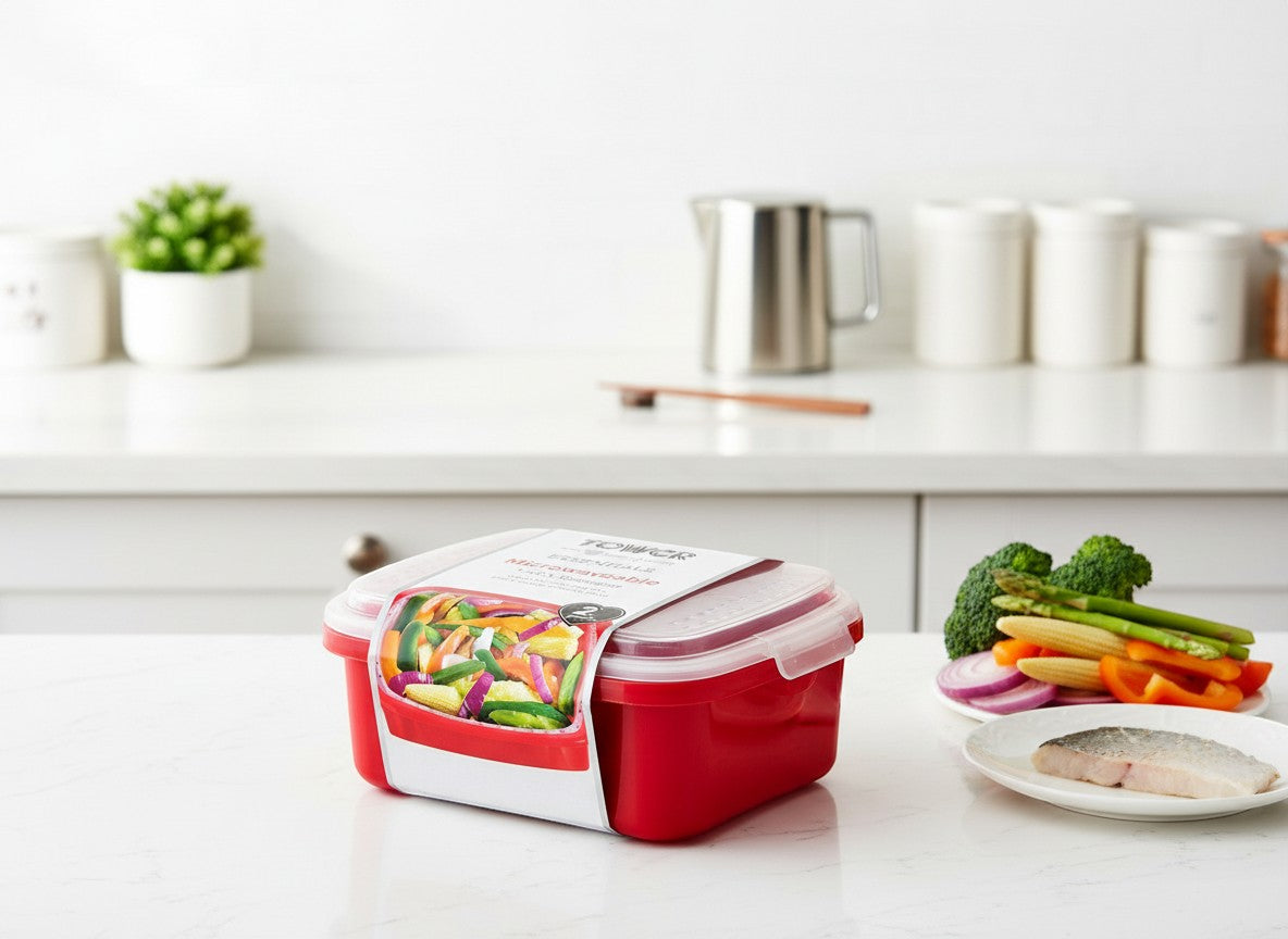 Tap2Own red BPA-free microwaveable steamer container with lid, filled with chopped vegetables. Includes separate plates of fish and mixed vegetables.