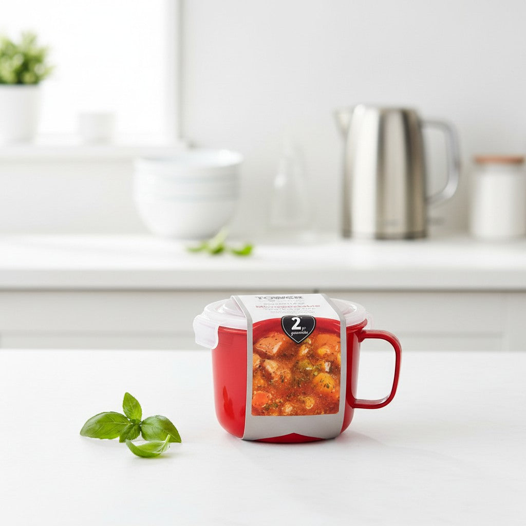 Tap2Own red BPA-free microwaveable steamer container with handle, 656ml soup cup, ideal for steaming and reheating.