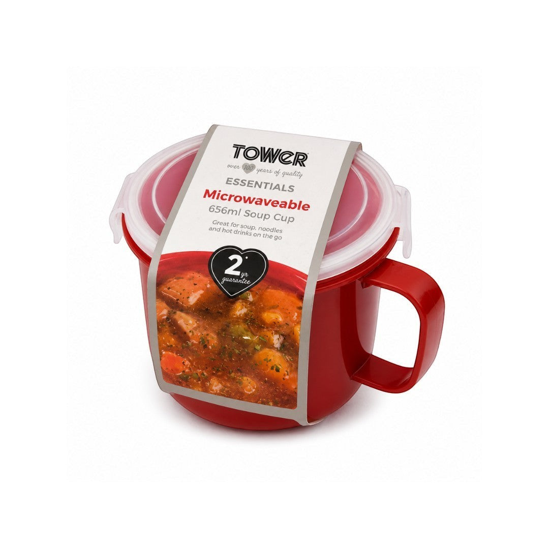 Tap2Own red microwaveable soup cup with handle, 656ml capacity, BPA-free and dishwasher safe.