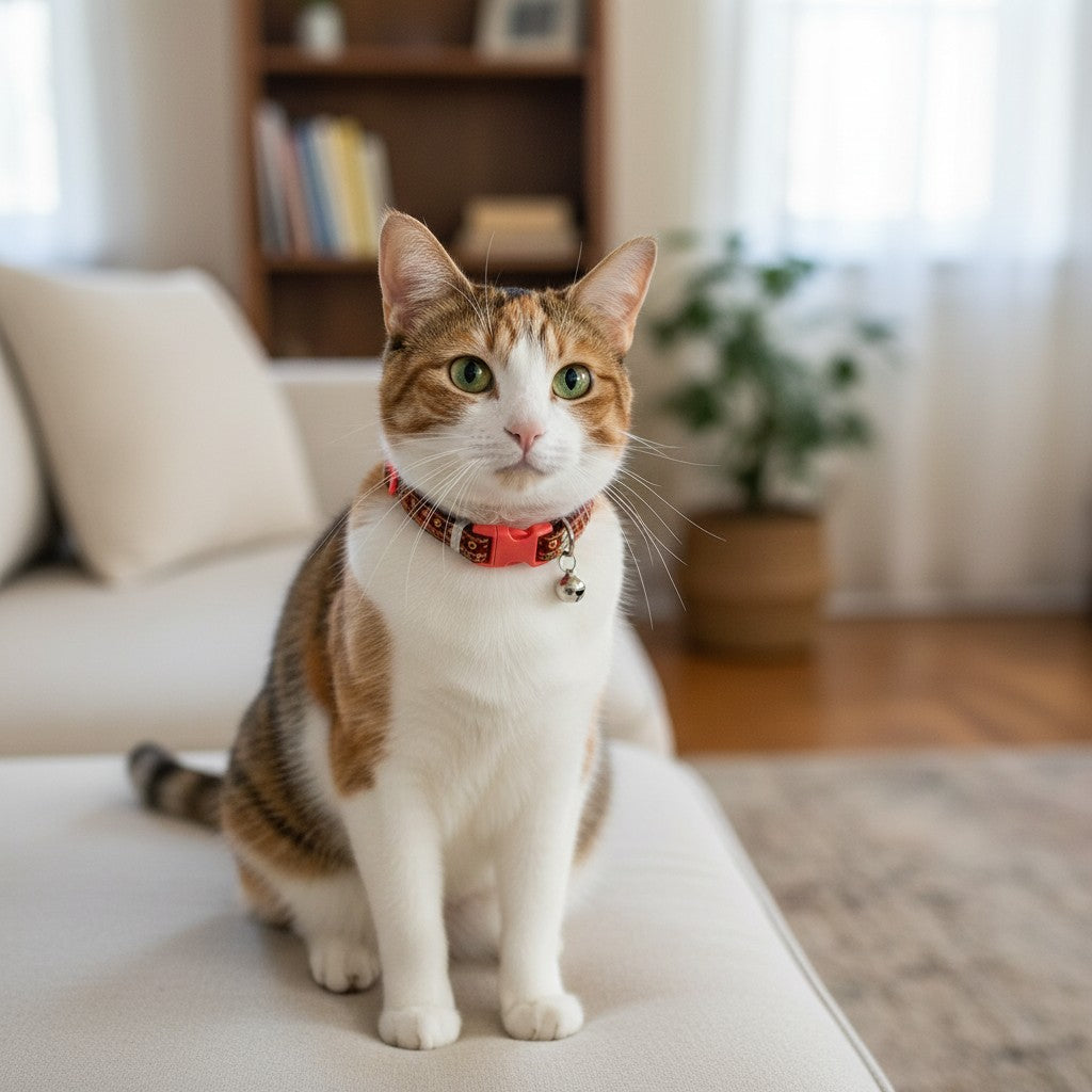 Tap2Own red patterned collar with gold accents, red buckle, and silver bell.