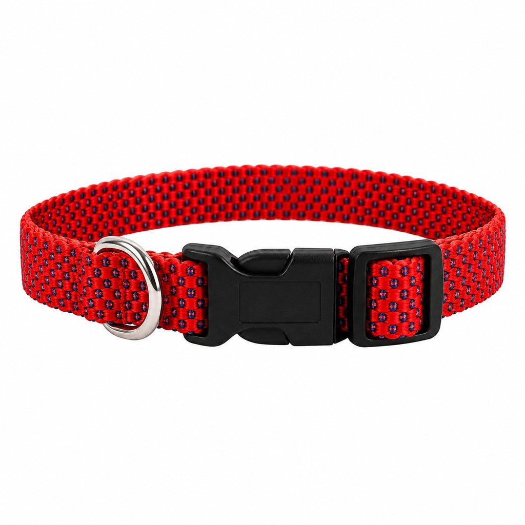 Tap2Own red woven nylon dog collar with black quick-release buckle and D-ring. Adjustable for comfort and safety.