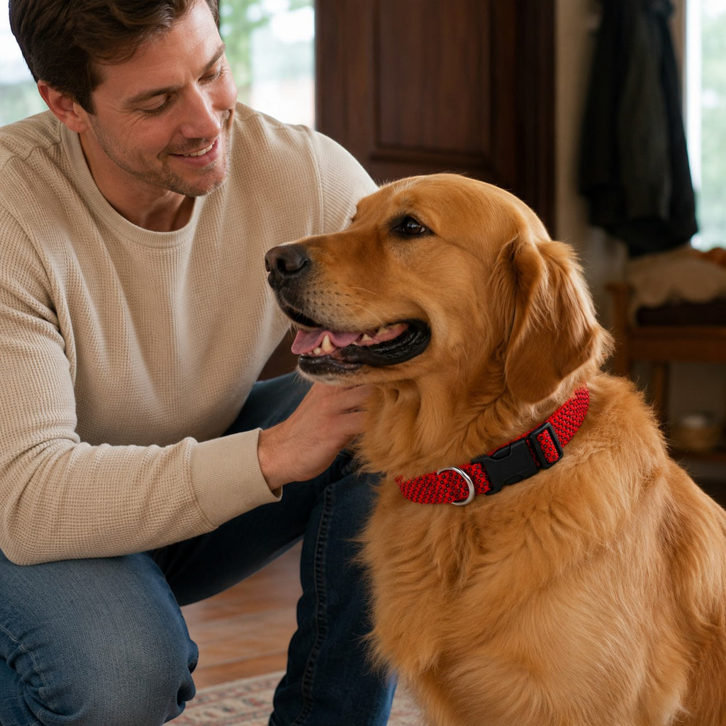 Tap2Own red woven nylon dog collar with black quick-release buckle and D-ring on a golden retriever.