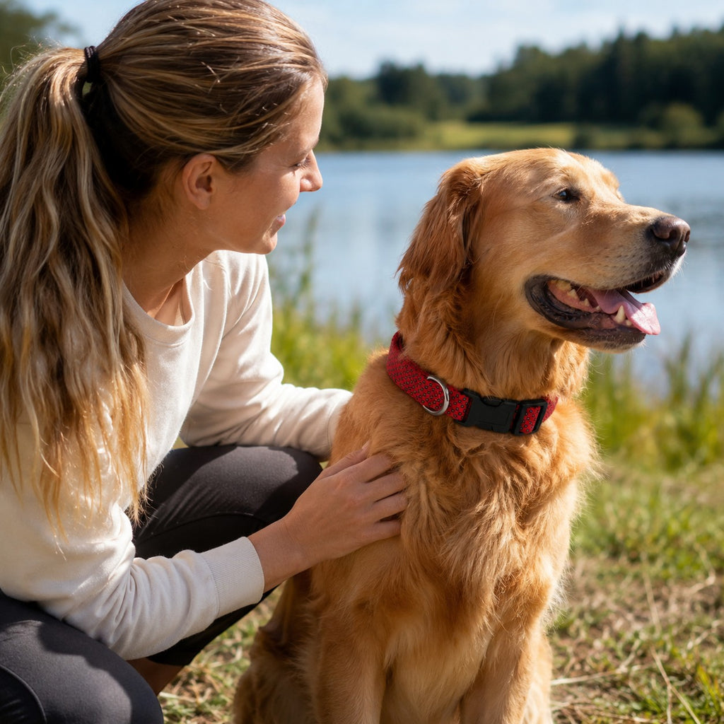 Tap2Own red woven dog collar with black quick-release buckle and D-ring on golden retriever by a lake