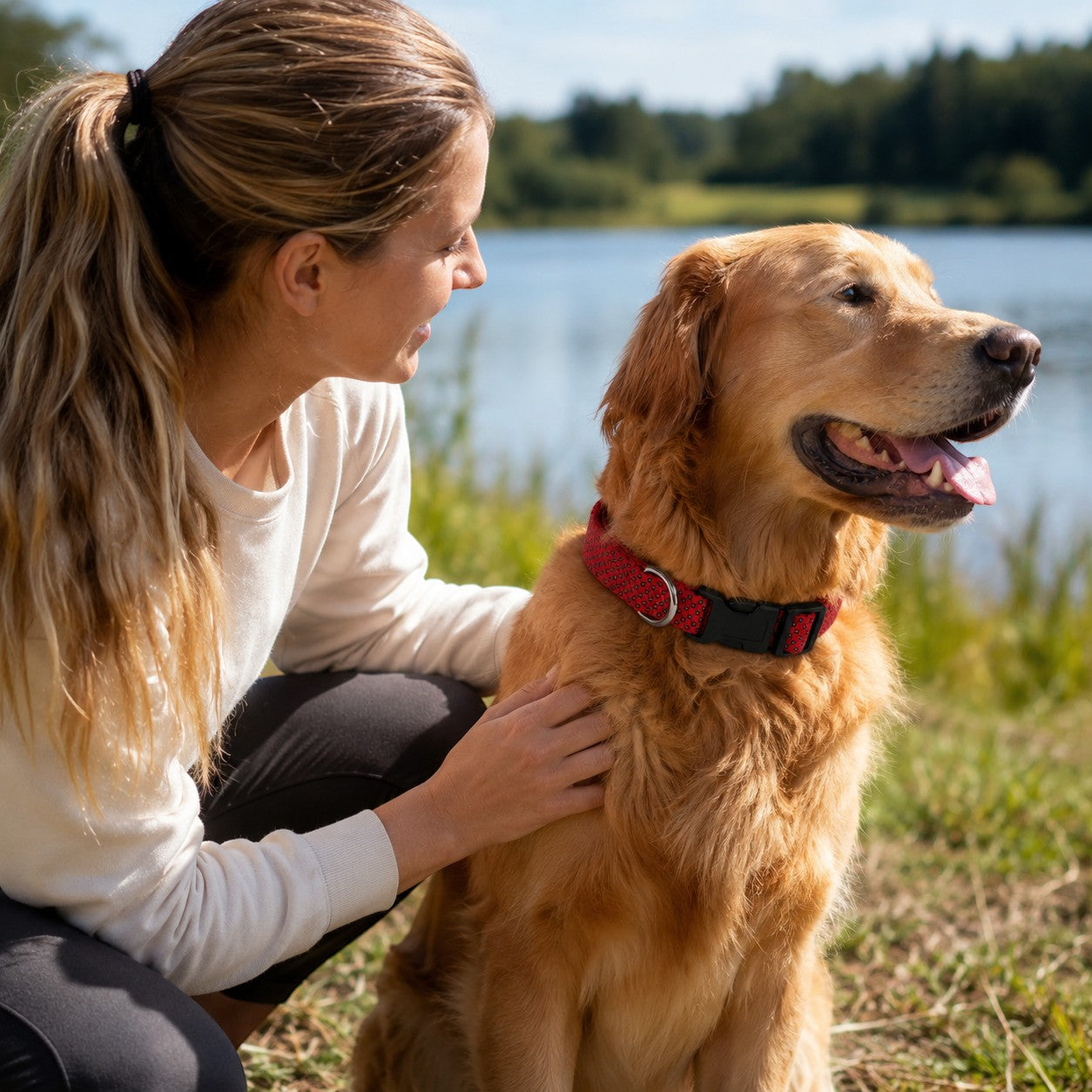 Tap2Own red woven dog collar with black quick-release buckle and D-ring on golden retriever by a lake