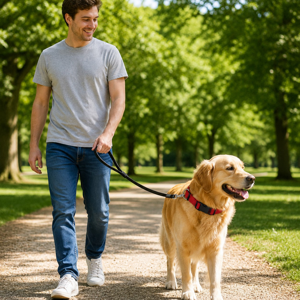 Tap2Own red woven dog collar with quick-release buckle and D-ring on golden retriever walking in park