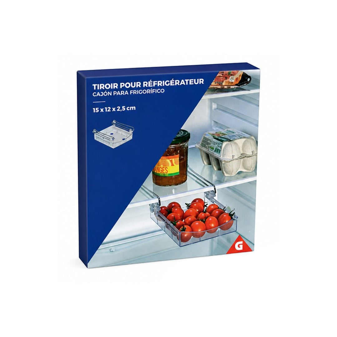 Tap2Own refrigerator storage drawer organizer, clear plastic, creates extra pull-out shelf for fruits, vegetables, or snacks.
