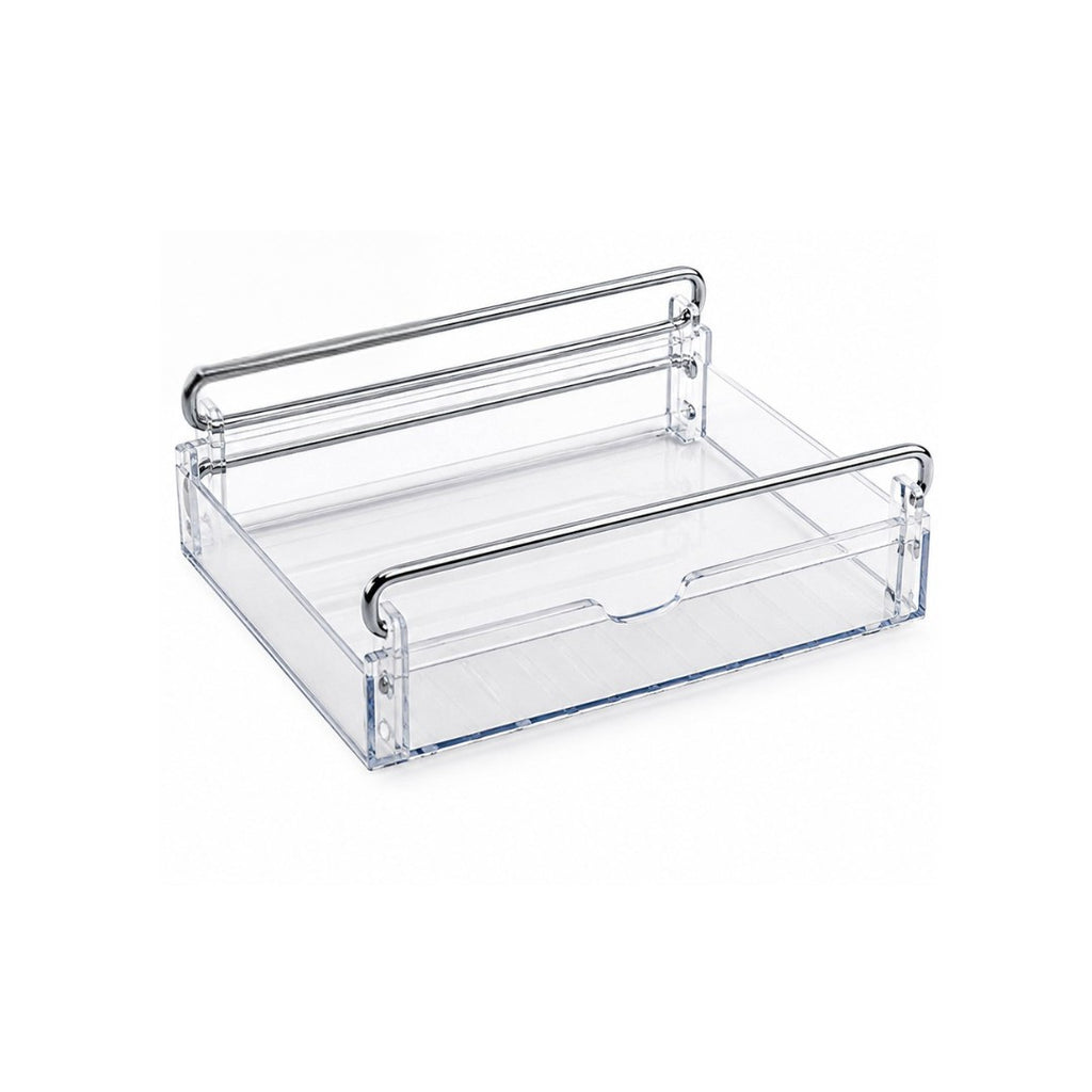 Tap2Own clear plastic refrigerator storage drawer organizer with chrome handles, ideal for fruits, vegetables, and snacks.