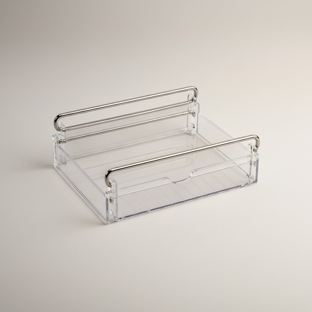 Tap2Own clear acrylic refrigerator storage drawer organizer with chrome handles, ideal for fruits, vegetables, and snacks.