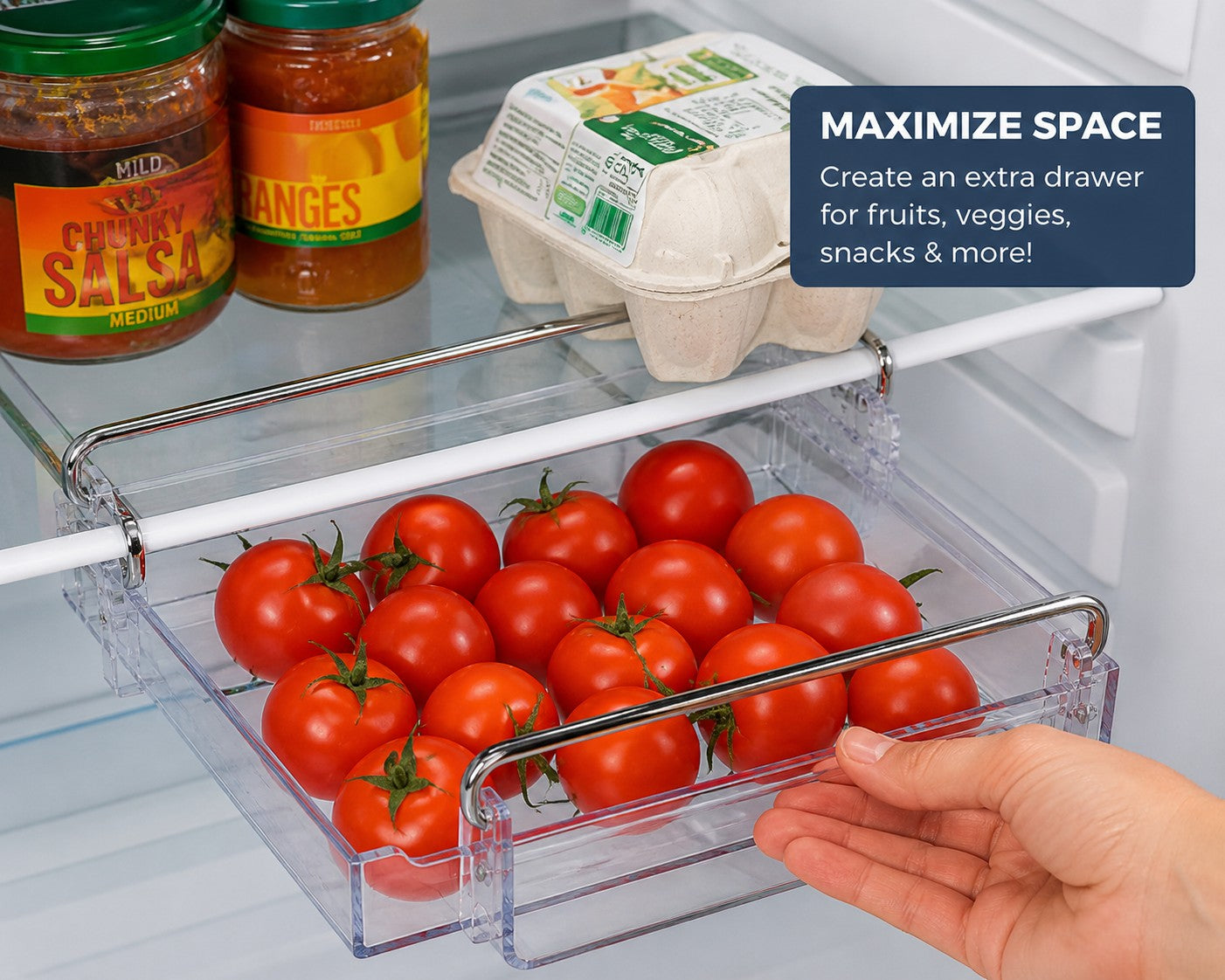 Tap2Own clear plastic refrigerator storage drawer organizer with chrome handles, filled with tomatoes.