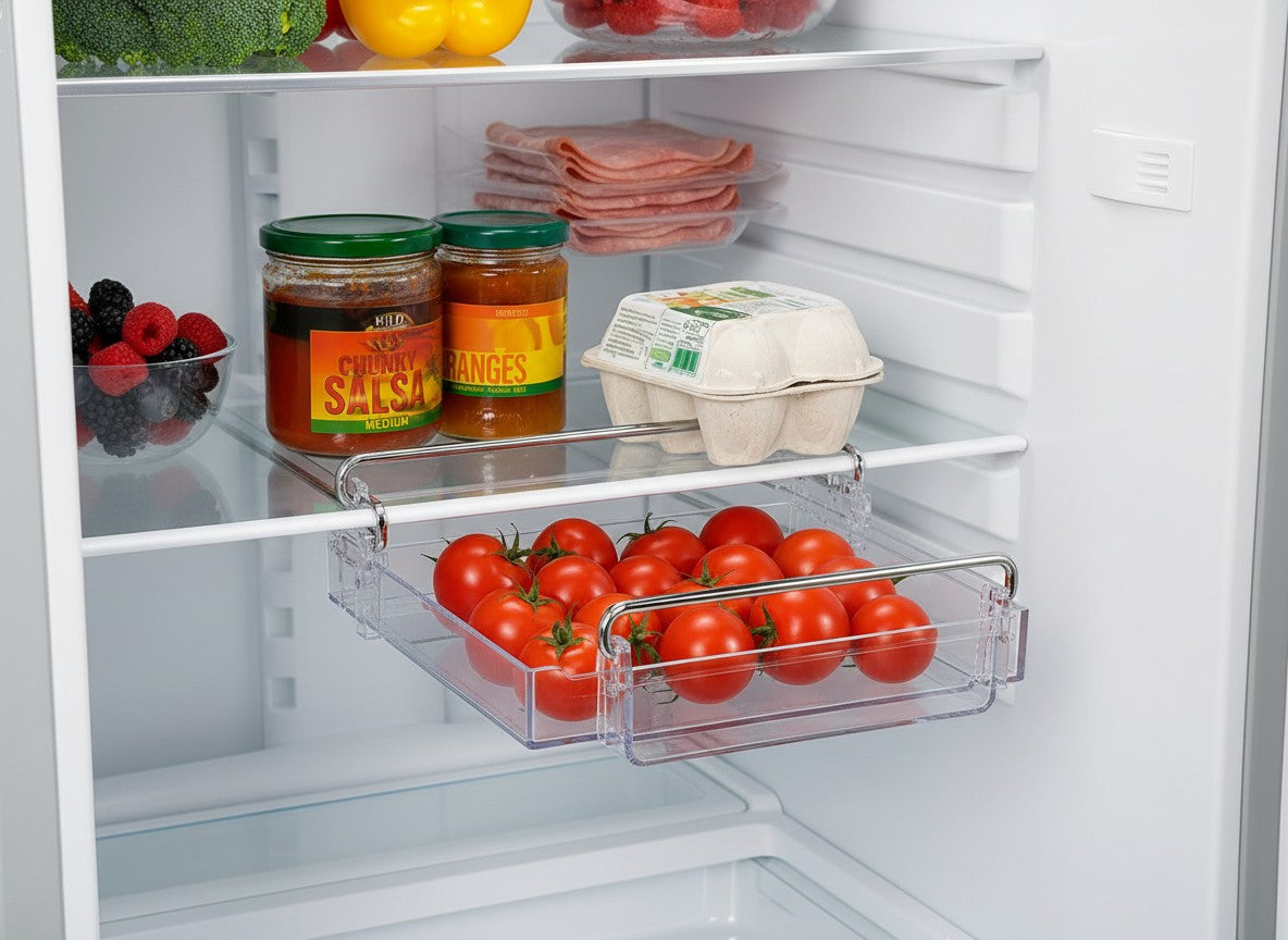 Tap2Own refrigerator storage drawer organizer made of clear plastic with chrome handles, holding fresh tomatoes.