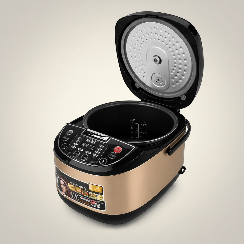 Tap2Own Reki Automatic Deluxe Rice Cooker in champagne gold and black, 5.0L capacity, with digital display and multiple cooking functions.