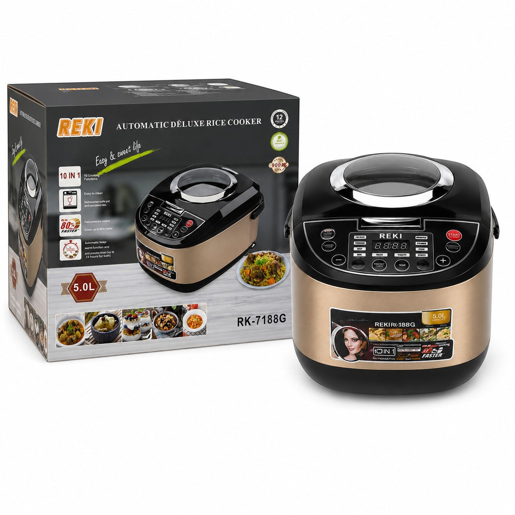 Tap2Own Reki Automatic Deluxe Rice Cooker 5.0L capacity, champagne gold and black with digital display and 10 cooking functions.