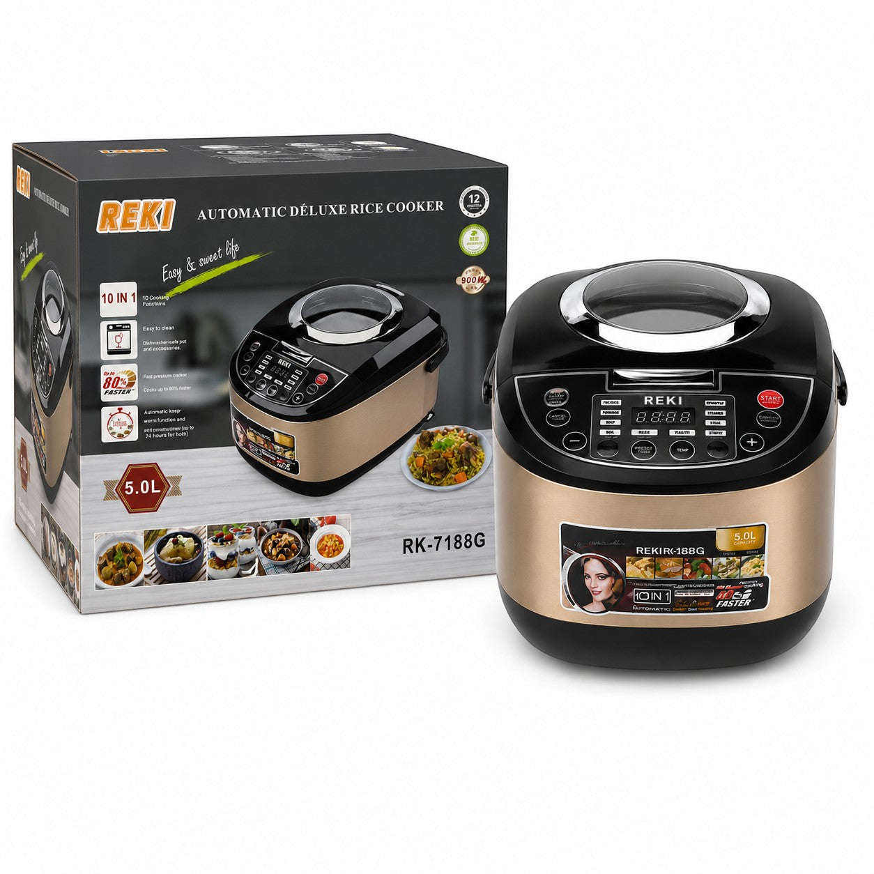 Tap2Own Reki Automatic Deluxe Rice Cooker 5.0L capacity, champagne gold and black with digital display and 10 cooking functions.
