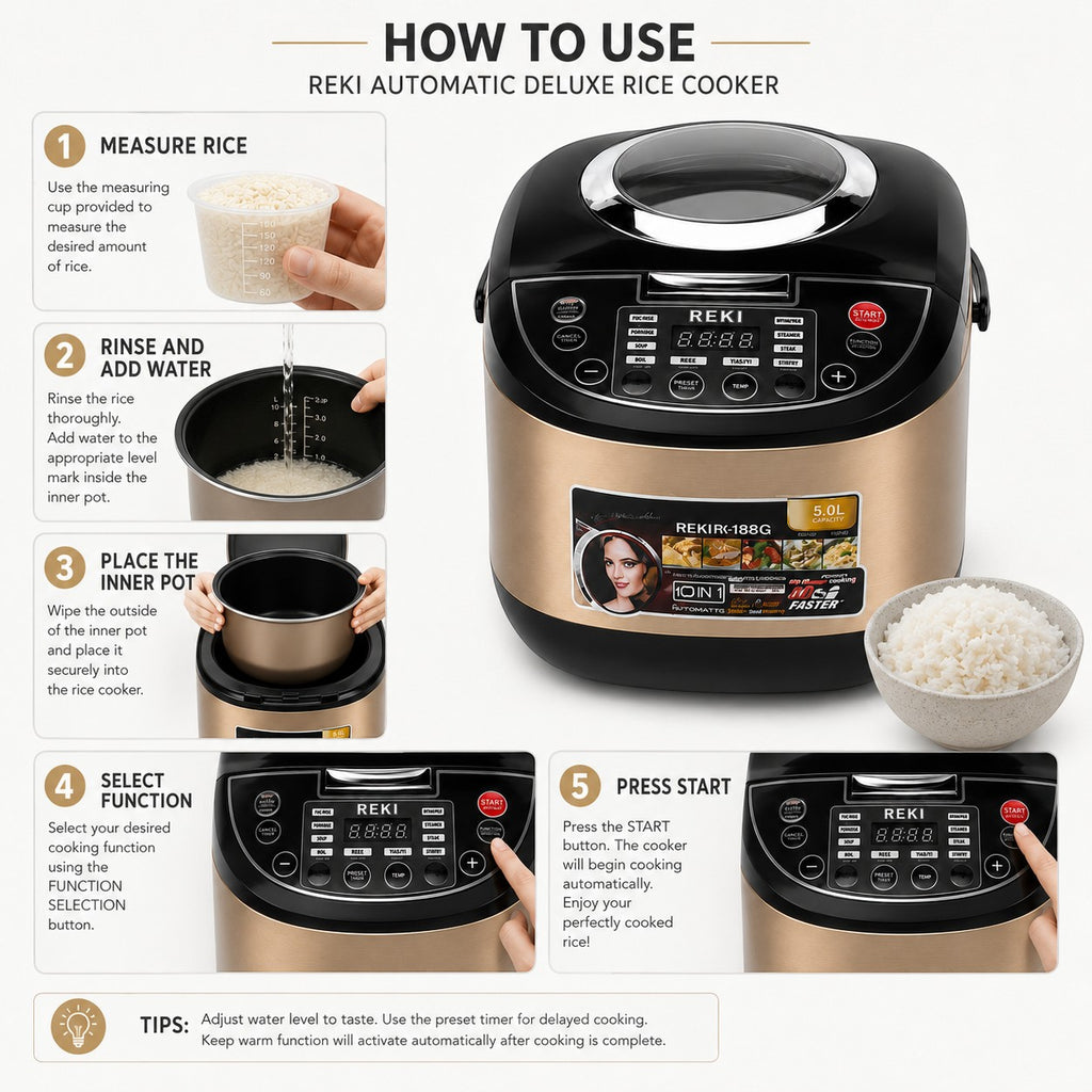 Tap2Own Reki Automatic Deluxe Rice Cooker in champagne gold and black, 5.0L capacity, with digital display and multiple cooking functions.