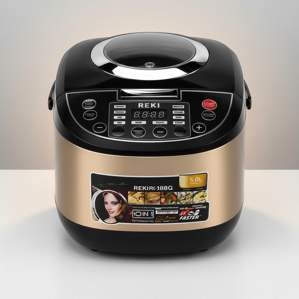 Tap2Own Reki Automatic Deluxe Rice Cooker 5.0L capacity in champagne gold and black with digital display and multiple cooking functions.