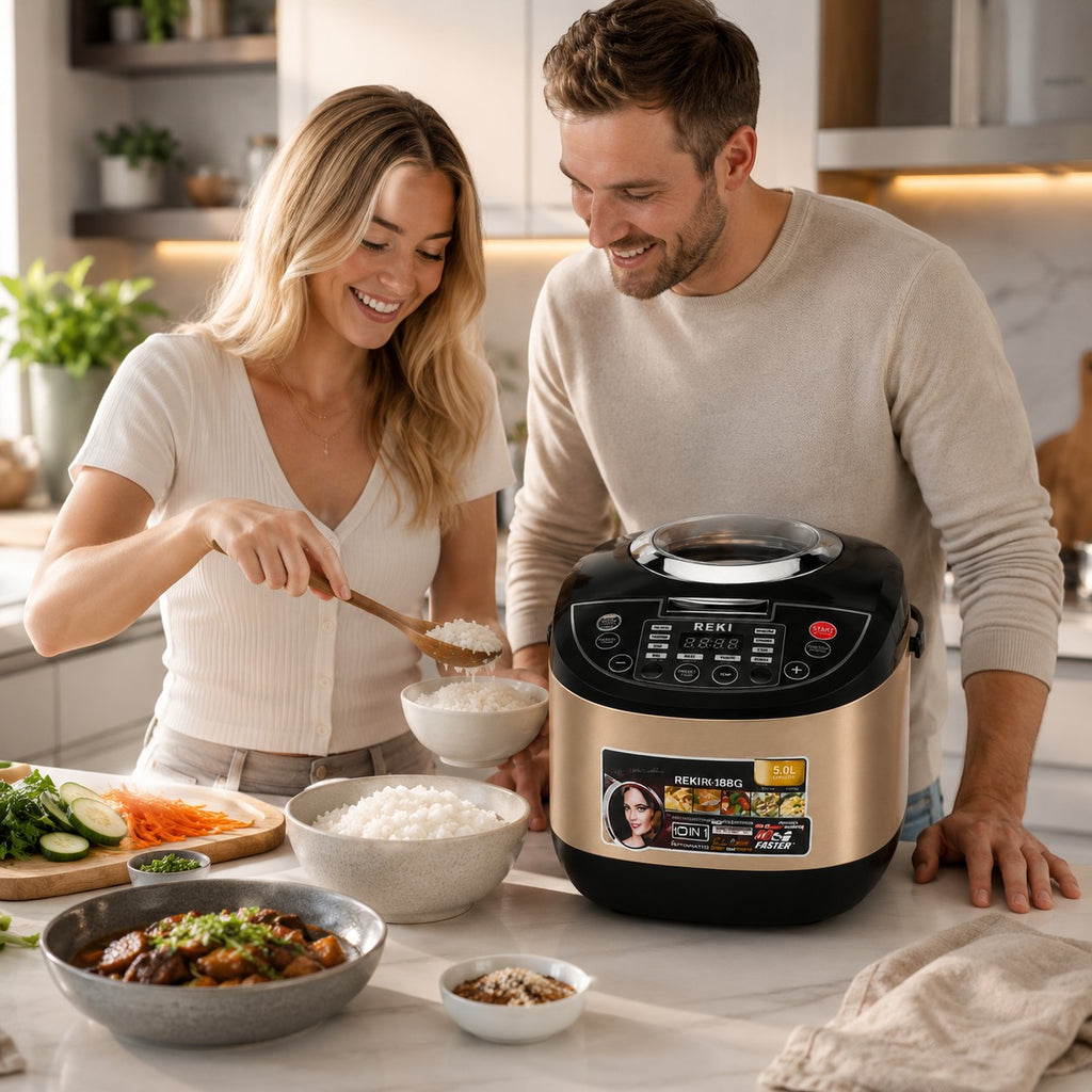 Tap2Own Reki Automatic Deluxe Rice Cooker in champagne gold and black, 5.0L capacity, with digital display and one-touch controls.