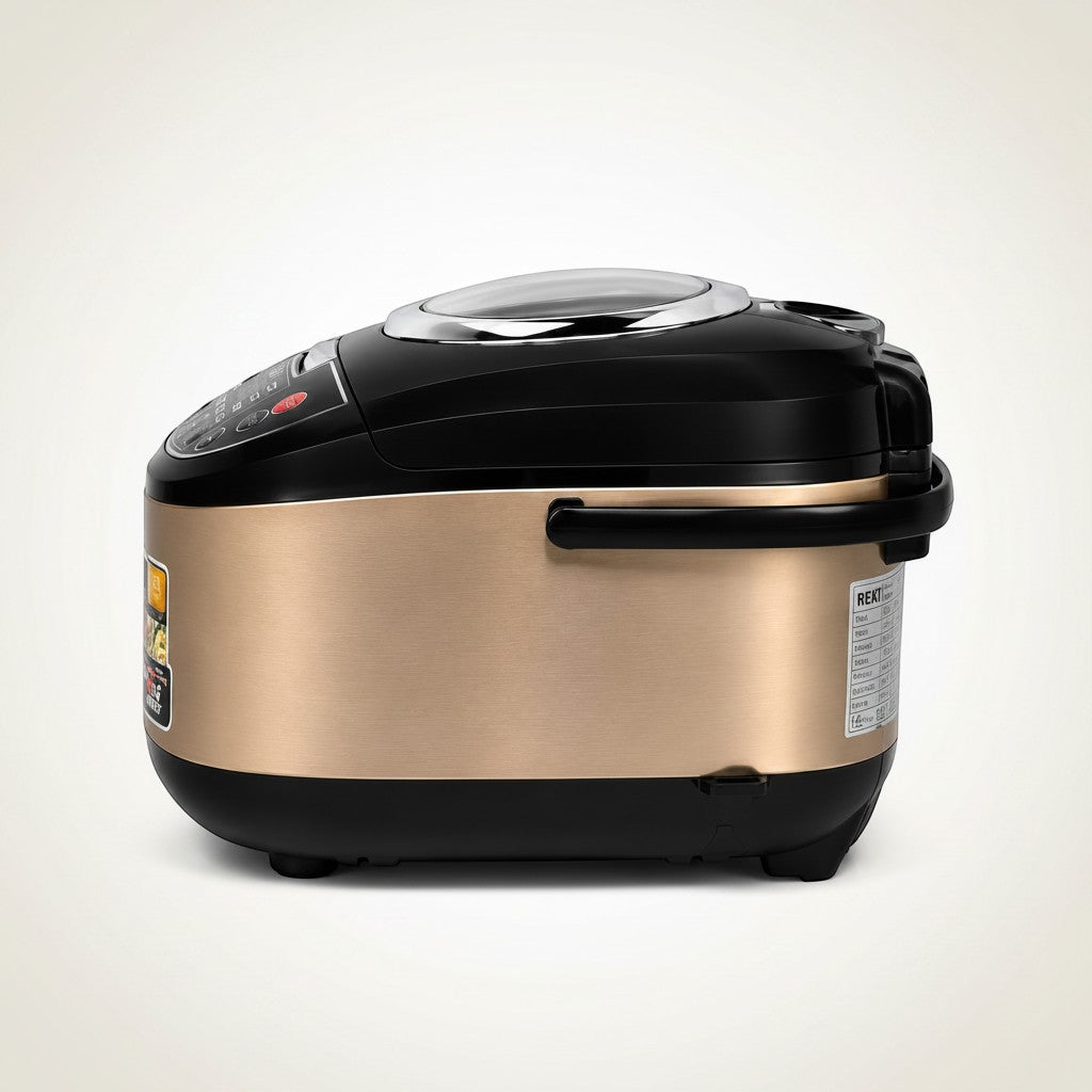 Tap2Own Reki Automatic Deluxe Rice Cooker in champagne gold and black with digital display and 5.0L capacity.