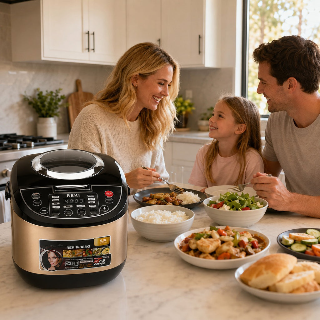 Tap2Own Reki Automatic Deluxe Rice Cooker in champagne gold and black, 5.0L capacity, with digital display and controls.