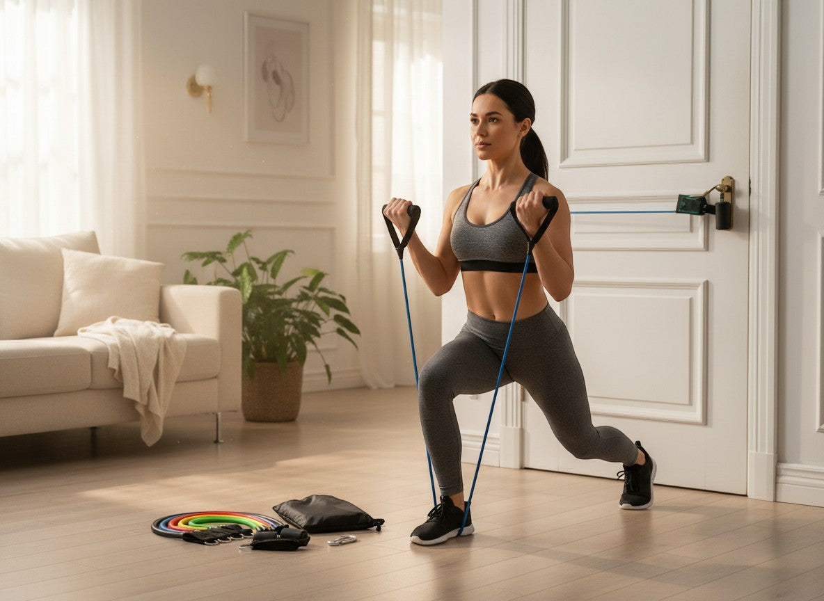 Tap2Own woman performing a lunge exercise with a blue resistance band attached to a door anchor. The set includes colorful bands, handles, and a carry bag.