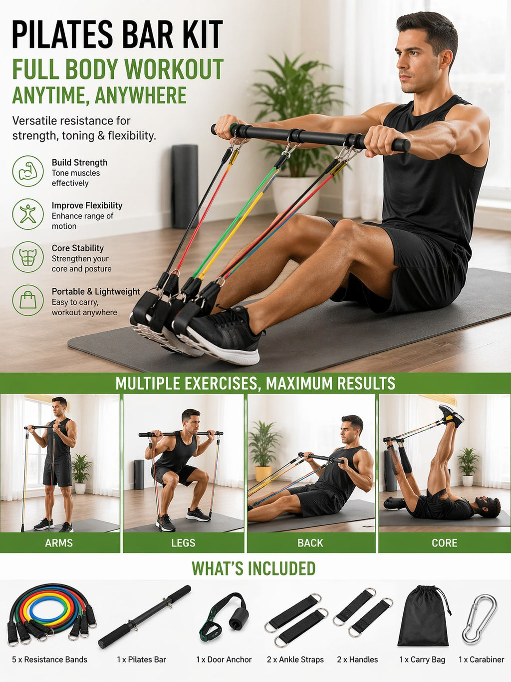 Tap2Own resistance band set with Pilates bar, handles, ankle straps, door anchor, and carry bag for full body workouts.