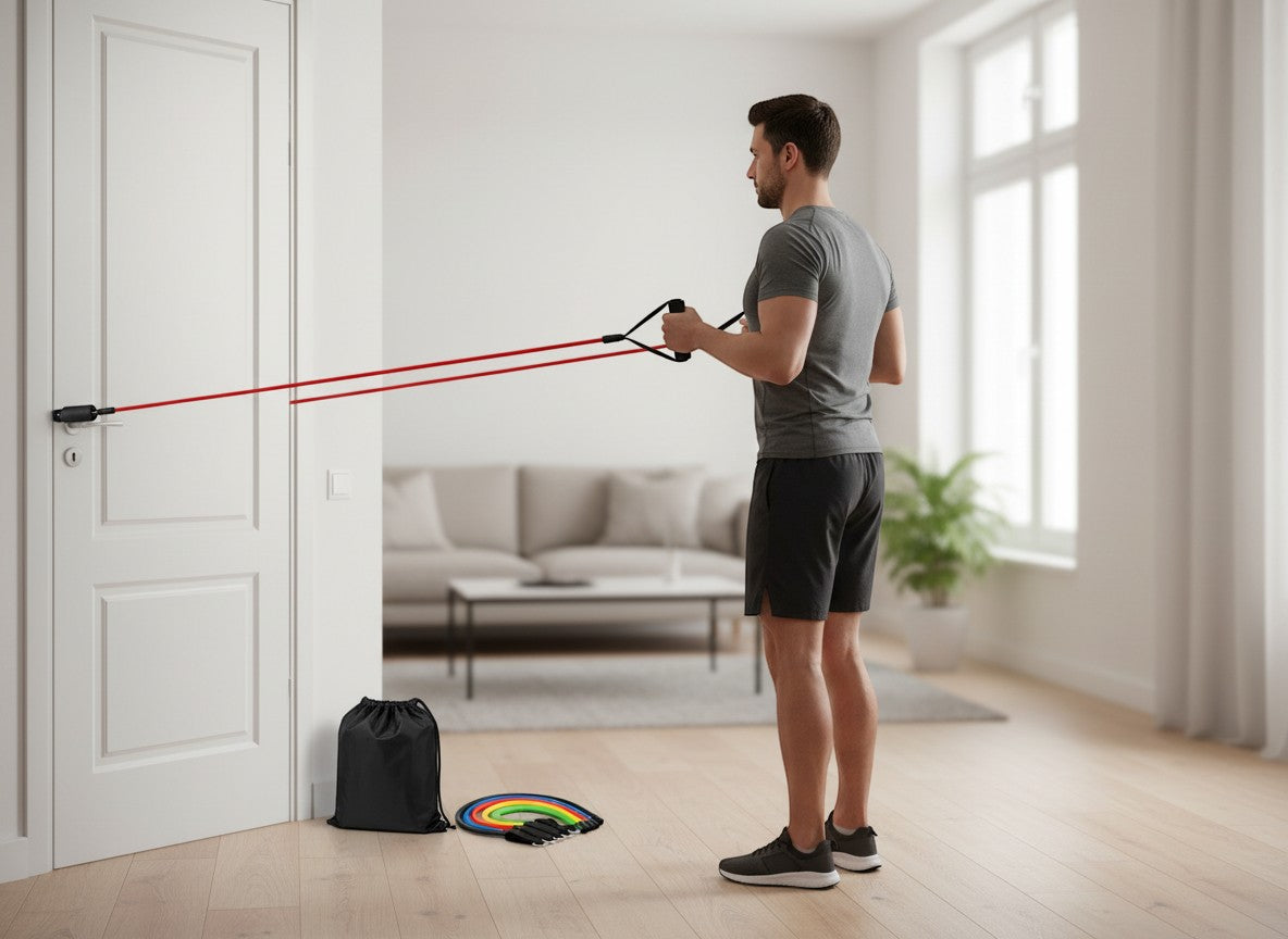 Tap2Own resistance band set with a man exercising at home using a red band attached to a door. Includes colorful bands and carry bag.